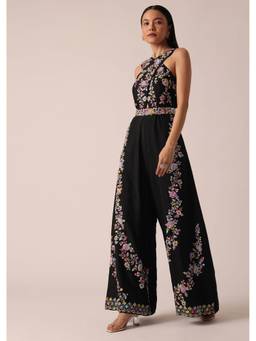 KALKI FASHION - Black Jumpsuit with Floral Motif Embroidery
