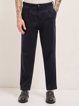 The Bear House - Men Blue Cropped Carrot Fit Cotton Solid Trouser