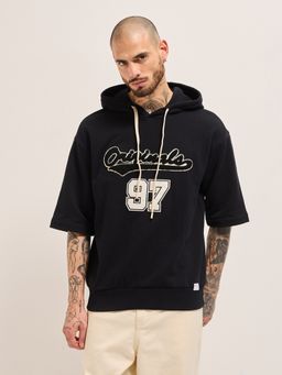 The Bear House - Men Letter Graphic Relaxed Fit Black Cotton Hoodie