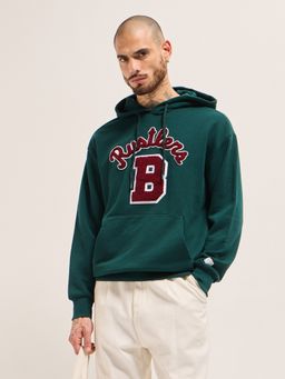 The Bear House - Men Relaxed Fit Letter Graphic Green Cotton Hoodie