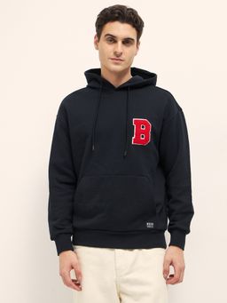 The Bear House - Men Letter Graphic Relaxed Fit Black Cotton Hoodie