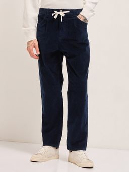 The Bear House - Men Blue Baggy Fit Cotton Corduroy Solid Trouser