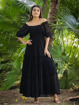 Masakali.Co - Black Pleated Design Women Western Maxi Dress