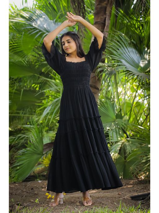 Buy Masakali.Co Black Pleated Design Women Western Maxi Dress Online