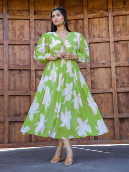 Masakali.Co - Parrot Green Floral Print Women Western Midi Dress