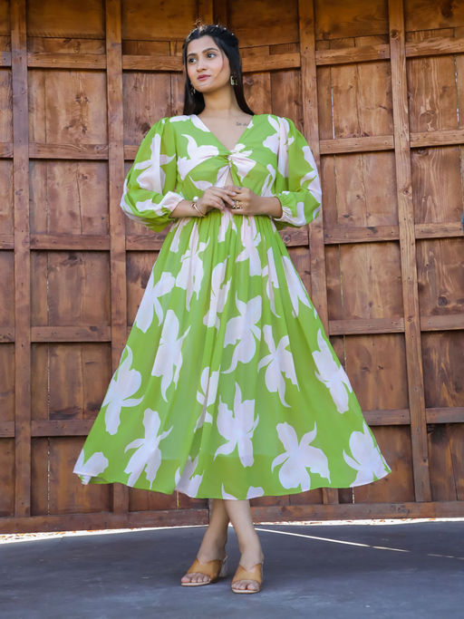 Buy Masakali.Co Parrot Green Floral Print Women Western Midi Dress Online