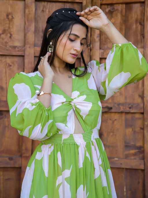 Buy Masakali.Co Parrot Green Floral Print Women Western Midi Dress Online