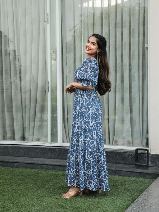 Buy Masakali.Co Dusty Blue Ajrakh Print Women Western Maxi Dress Online