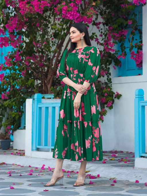 Buy Masakali.Co Dark Green Floral Print Women Western Midi Dress Online