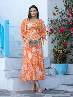 Masakali.Co - Orange Floral Print Women Western Midi Dress