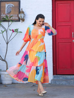 Masakali.Co - Multi Color Abstract Print Women Western Midi Dress
