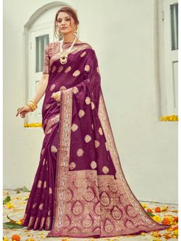 Sangam Prints - Wine Cotton Woven Work Traditional Saree with Unstitched Blouse