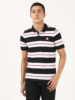Lee - Men Black And White Striper Striped Slim Fit Polo T-shirt