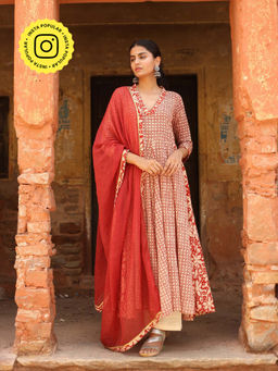 Gulabo Jaipur - Red Farida Anarkali With Pant And Dupatta (Set Of 3)