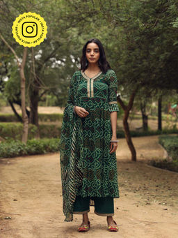 Gulabo Jaipur - Sama Green Anarkali Kurta And Pant With Dupatta (Set of 3)