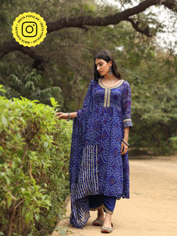 Gulabo Jaipur - Sama Blue Anarkali Kurta And Pant With Dupatta (Set of 3)