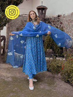 Gulabo Jaipur - Sunflower Indigo Anarkali Suit (Set of 3)