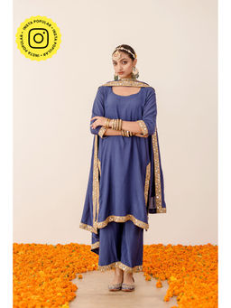 Gulabo Jaipur - Kalista Blue Straight Kurta with Pant (Set of 3)