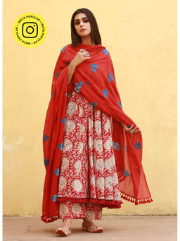 Gulabo Jaipur - Acacia Red Anarkali Kurta with Pants & Dupatta (Set of 3)