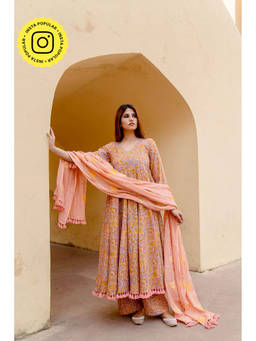 Gulabo Jaipur - Acacia Peach Anarkali Kurta with Pants & Dupatta (Set of 3)