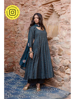 Gulabo Jaipur - Padma Navy Blue Anarkali Kurta with Pants & Dupatta (Set of 3)