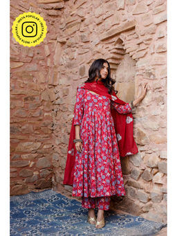 Gulabo Jaipur - Meena Red Anarkali Kurta with Pants & Dupatta (Set of 3)