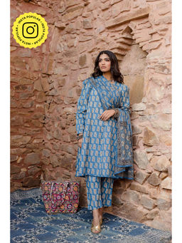 Gulabo Jaipur - Kayal Blue Kurta with Pants & Dupatta (Set of 3)