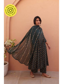 Gulabo Jaipur - Bagru Green Anarkali Kurta with Pant and Dupatta