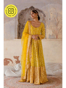 Gulabo Jaipur - Georgette Mallika Yellow Gown with Organza Dupatta