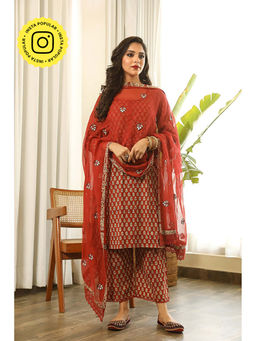 Gulabo Jaipur - Rekha Red Straight Kurta with Pant and Doriya Dupatta