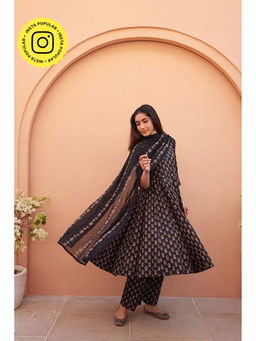 Gulabo Jaipur - Bagru Black Anarkali Kurta with Pant and Dupatta