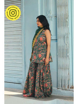 Gulabo Jaipur - Women Cotton Green Kurti with Sharara and Dupatta