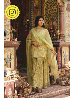 Gulabo Jaipur - Women Cotton Green Kurti with Sharara and Dupatta