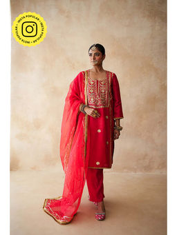 Gulabo Jaipur - Women Silk Embroidered Kurta with Pant and Dupatta