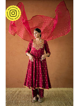 Gulabo Jaipur - Women Chanderi Embroidered Anarkali Kurta with Pant and Dupatta