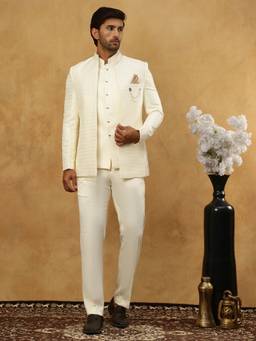Jompers - Cream Men's Woven Jacquard Jacket and Kurta and Trouser