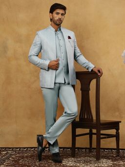 Jompers - Blue Cotton Blend Textured Jacket and Kurta and Trouser