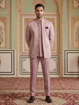 Jompers - Pink Cotton Blend Textured Jacket and Kurta and Trouser