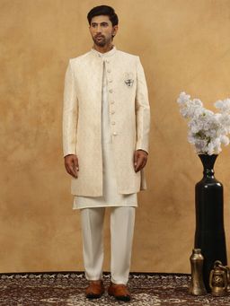 Jompers - Cream Jacquard Silk Embroidered Kurta with Jacket and Pyjama
