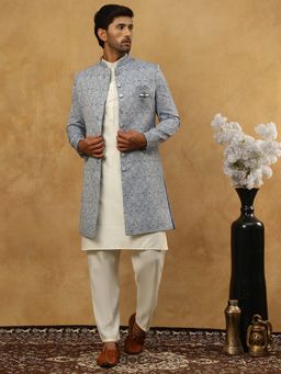 Jompers - Grey Paisley Jacquard Silk Kurta with Jacket and Pyjama