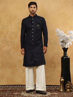 Jompers - Navy Blue Velvet Embroidered Jacket and Pyjama