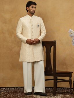 Jompers - Cream Jacquard Silk Embroidered Jacket and Pyjama