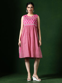 Jaipur Kurti - Pink Floral Printed A-Line Cotton Blend Ethnic Dress
