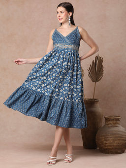 FASHOR - Blue Ethnic Floral Printed A-Line Pleated Midi Dress