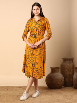 FASHOR - Mustard Printed A-Line Midi Dress with Belt (Set of 2)