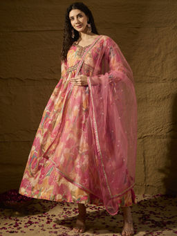 Miss Ethnik - Multi-Color Printed Sequined Maxi Dress with Dupatta (Set of 2)