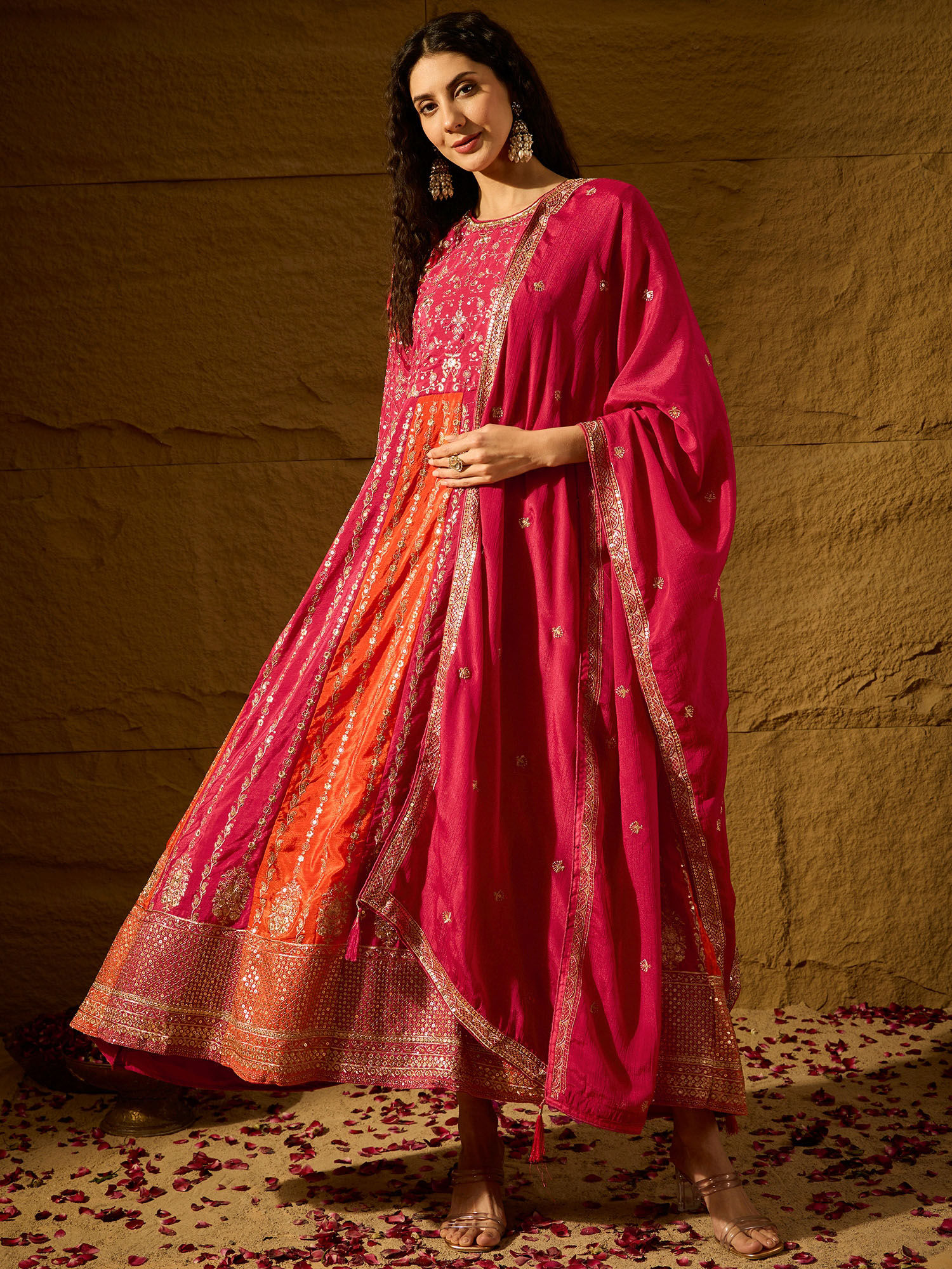 miss ethnik Pink Embroidered Maxi Dress with Dupatta (Set of 2)-picture-20