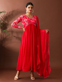 Jaipur Kurti - Red Floral Mirror Work Flared Maxi Dress with Dupatta (Set of 2)