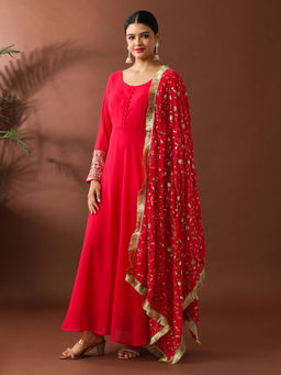 Jaipur Kurti - Fuchsia Pink Solid Embroidered Flared Maxi Dress with Dupatta (Set of 2)