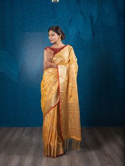 EXCLUSIVA - Yellow Tussar Silk Banarasi Woven Saree with Unstitched Blouse